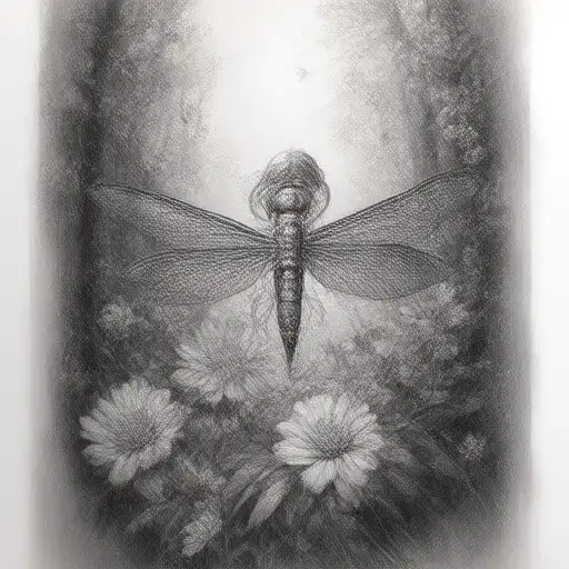 dragonfly , flowers fairy's mystical forest scene tattoo design idea