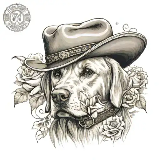 golden female Labrador with a cowgirl hat on and western background tattoo design idea