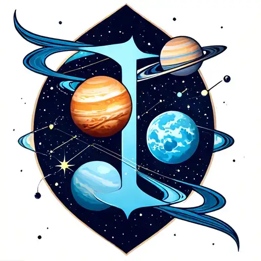Aquarius zodiac sign with Aquarius constellation with planets Saturn and Uranus  tattoo design idea
