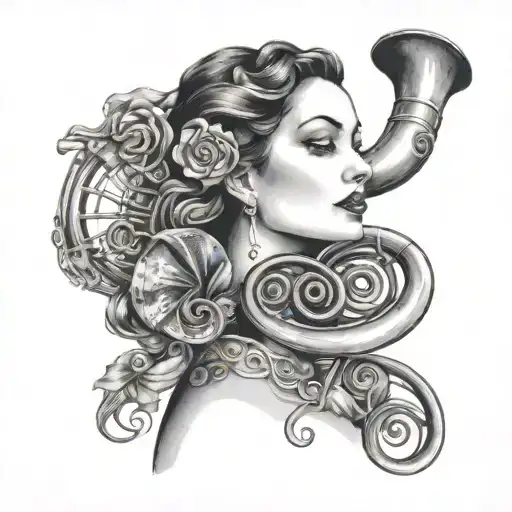 French horn woman face tattoo design idea