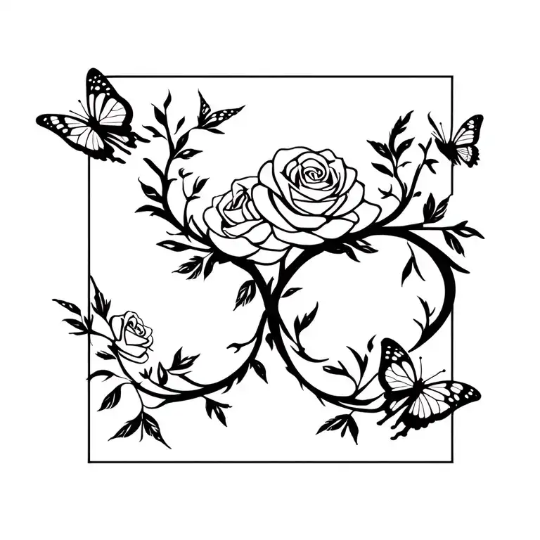 rose vine infinity with roses with butterflies flying tattoo design idea