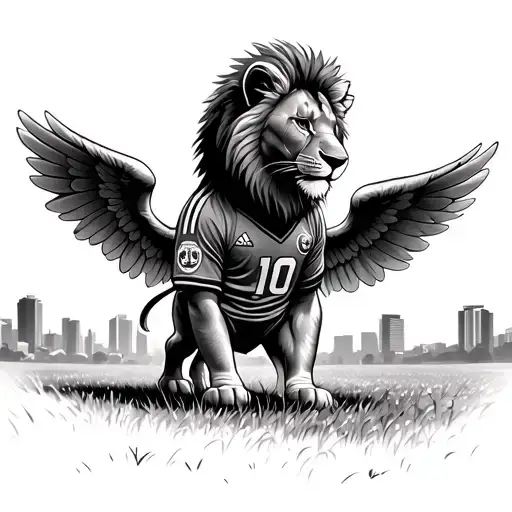 child lion dressed as a footballer with number 10 in the middle of a field overlooking Brazilian style buildings, angel wings attack tattoo design idea