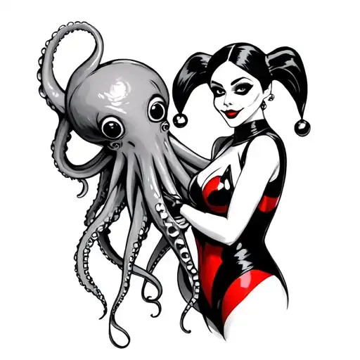 harley quinn and octopus holding tattoo design idea
