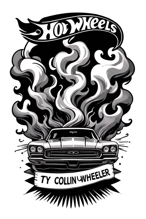 hot wheel car with smoke coming from the back with the name Ty Collin wheeler beneath the car in a banner tattoo design idea