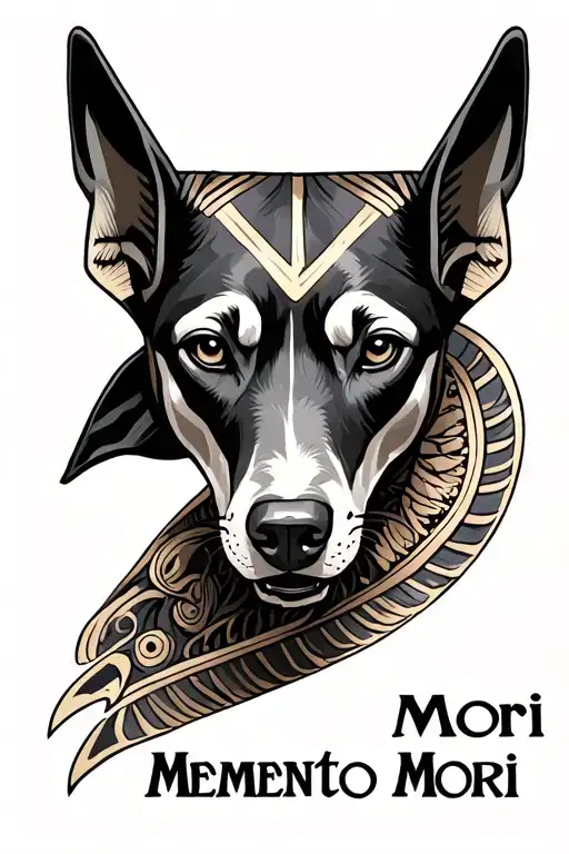 Create a tattoo sketch:At the bottom, the phrase “Memento Mori.”Below, Anubis with a dog’s head, looking straight ahea tattoo design idea
