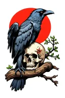 traditional style raven with open wings on a skull in front of a blood moon tattoo design idea