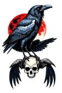 traditional style raven with open wings on a skull in front of a blood moon tattoo design idea