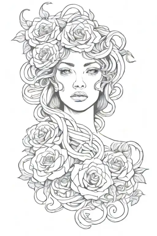 medusa head with snakes and roses intertwined tattoo design idea