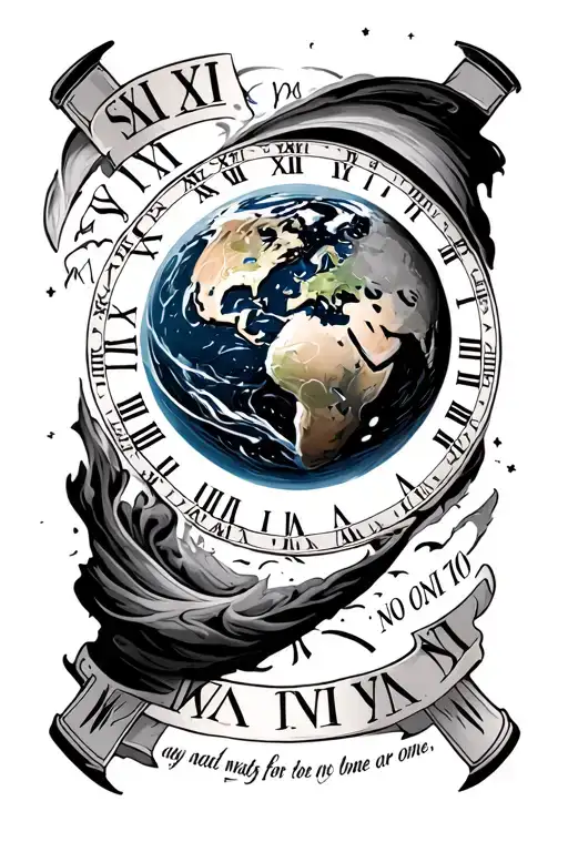 earth with roman numerals around the earth with the say time wait for no one an  tattoo design idea