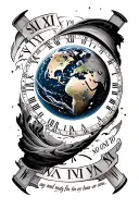 earth with roman numerals around the earth with the say time wait for no one an  tattoo design idea