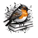 robin bird with music notes and books surrounded tattoo design idea