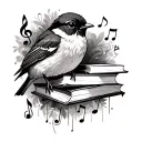 robin bird with music notes and books surrounded tattoo design idea