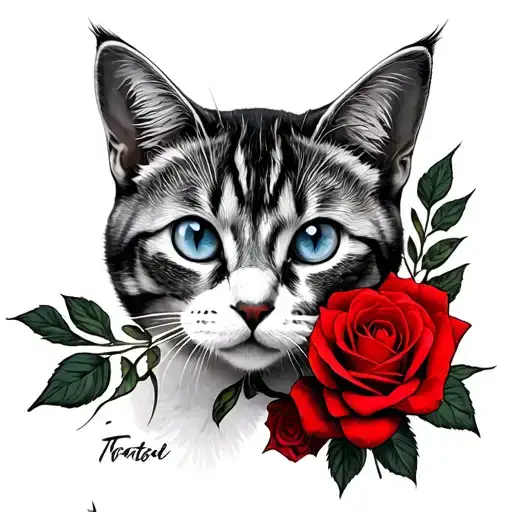 red roses whit cats bule eyes looking tattoo design idea