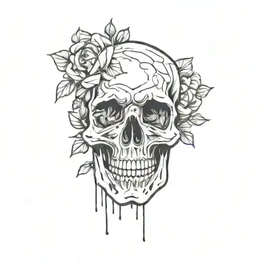 zombie skull and flowers blooming tattoo design idea