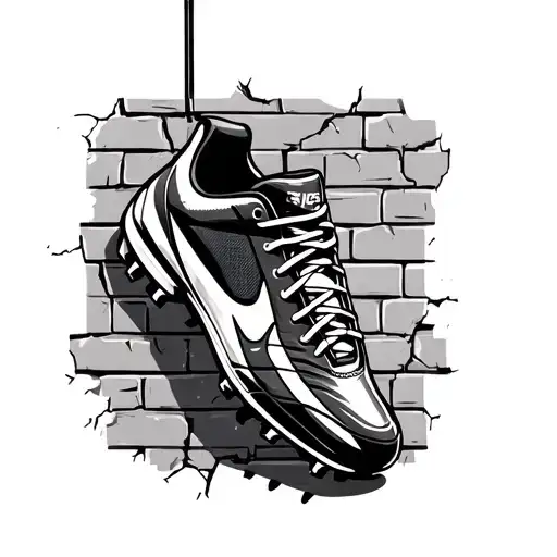 Football boots 2 pieces hanging on one nail against cracked brick wall tattoo design idea