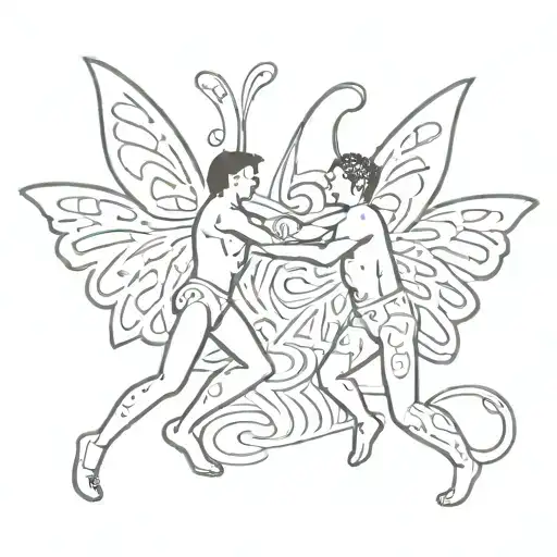 two gay man with butterfly wings symbol of  coming out make it keith haring style, sexual, cutesy, lovers tattoo design idea