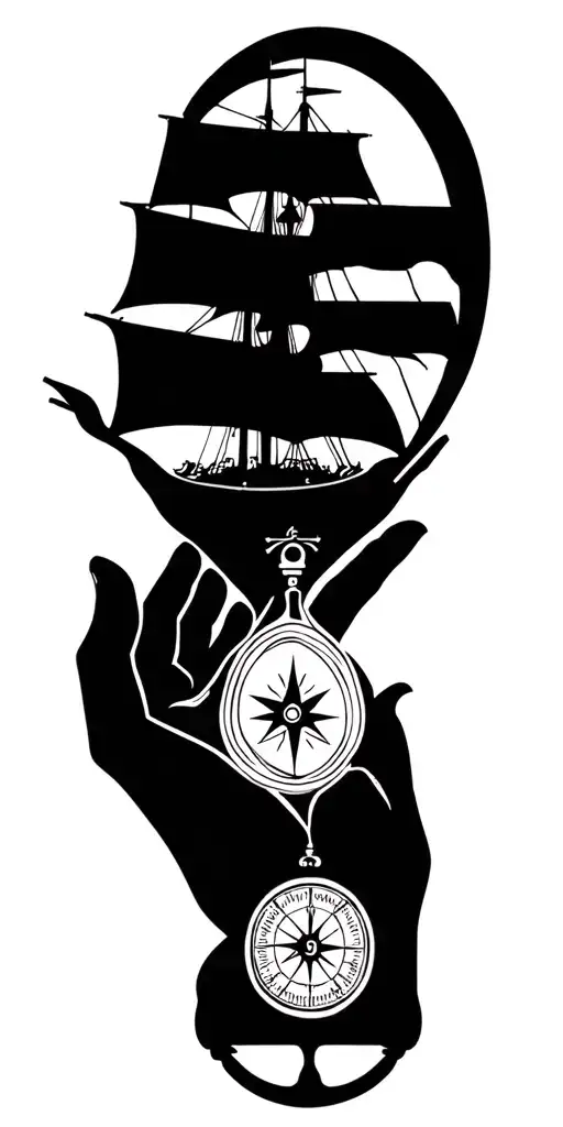 sailing ship, compass, open hands, dove, egg timer, tree, DNA  tattoo design idea