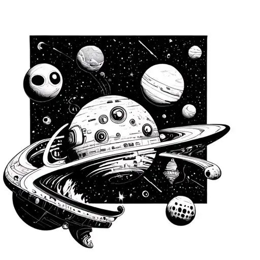 A space-themed collage of weird objects floating in zero gravity tattoo design idea