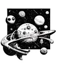 A space-themed collage of weird objects floating in zero gravity tattoo design idea