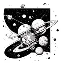 A space-themed collage of weird objects floating in zero gravity tattoo design idea