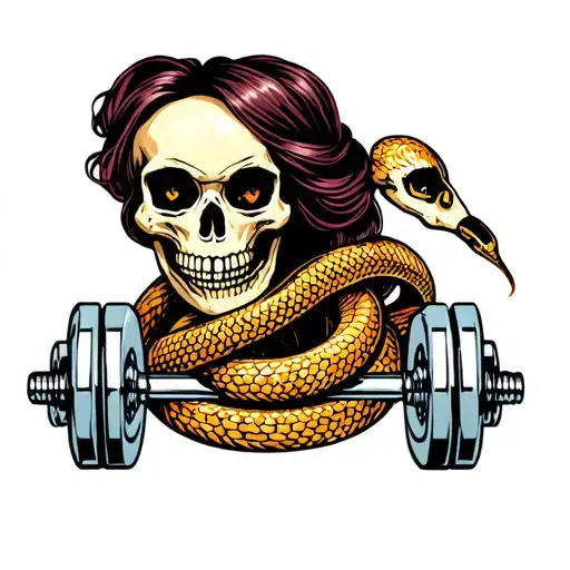 girl  skull snake weight dumbbell intertwined tattoo design idea