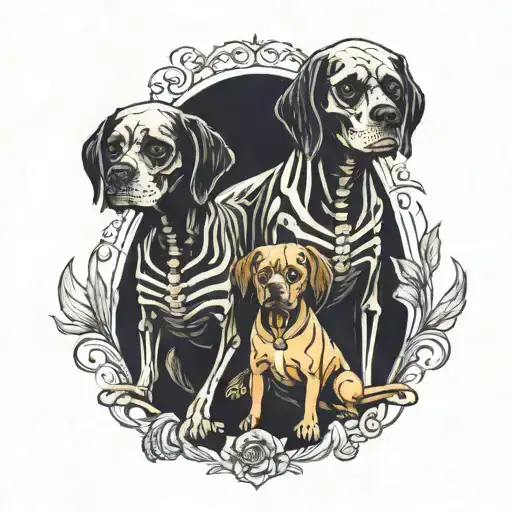 dog sitting with owner make them skeletons holding hands tattoo design idea