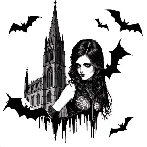 Goth girl with gothic cathedral and bats tattoo design idea