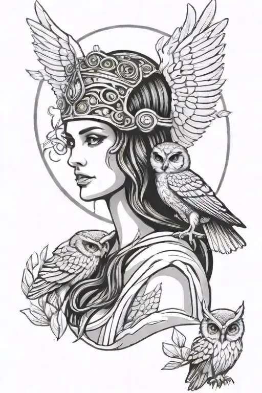 athena greek goddess with owl perched tattoo design idea