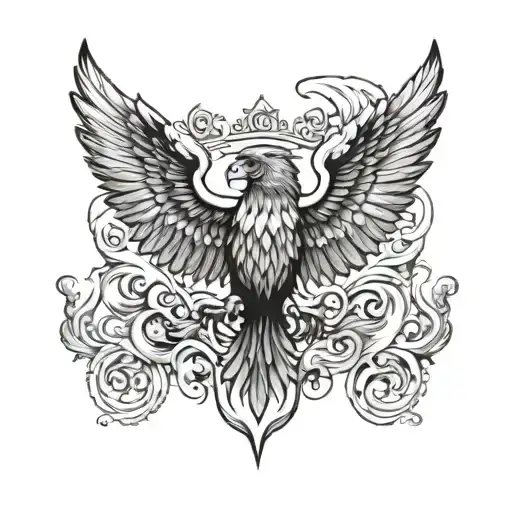 Double-headed eagle/falcon with wings spread, surrounded by waves or stormy clouds. tattoo design idea