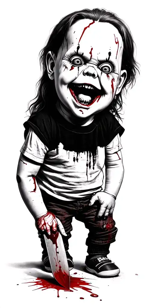 Ultra-Realistic 1989 Chucky knife blood maniac grinning tattoo design idea