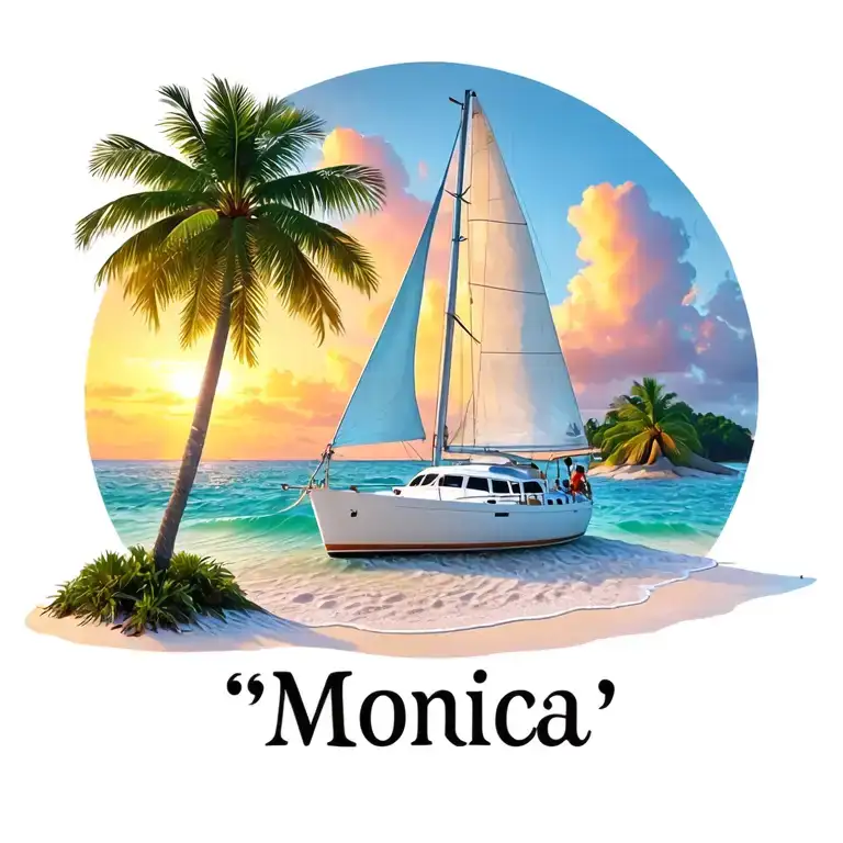 "Monica" "Monica" name in sand white catamaran sailing, sunrise, small island palm, ocean beach outside of circle at bottom tattoo design idea