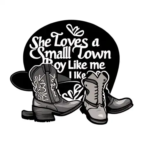 guitar pick with she loves a small town boy like me on it . Under the pick I need a pair of cowboy boots and a hat on it tattoo design idea