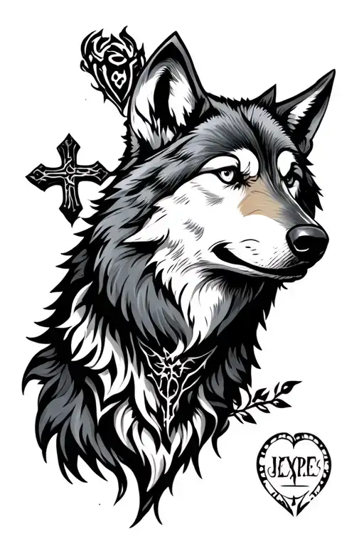 wolf and cross tattoo design idea