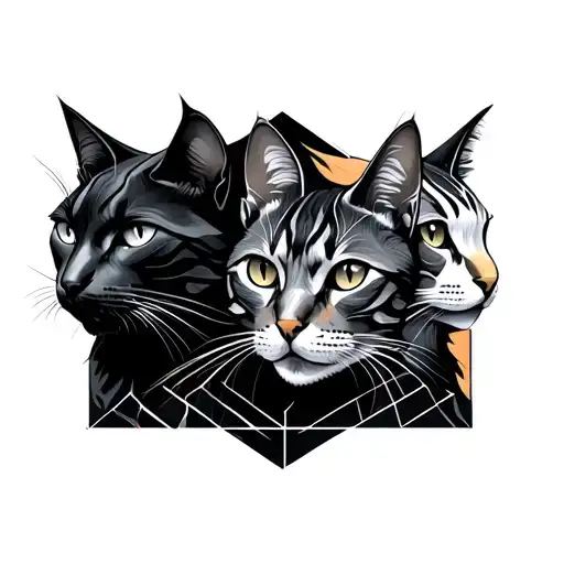 Three cat heads. Two dark, one light. Around a geometric pattern. Not too fancy, more simple. tattoo design idea
