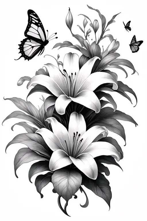 lily intertwined and butterflies fluttering tattoo design idea