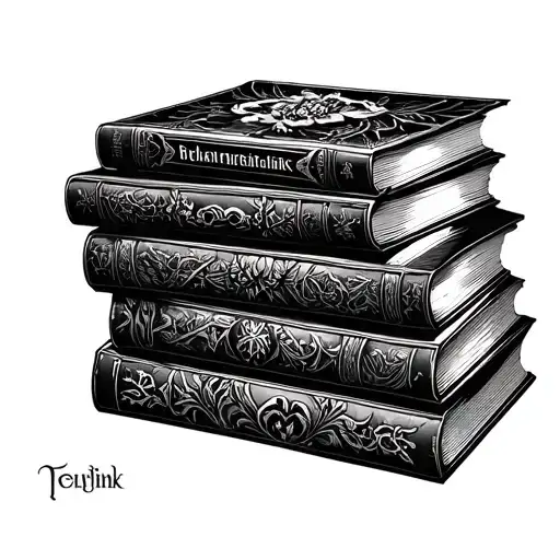 A dark romance book stack with intricate details of bdsm, bondage, stalker, and mafia elements  tattoo design idea