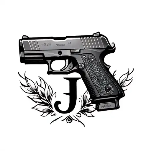 A tattoo design on a person’s skin (like on an arm or chest) that features a small letter "J" inside of a small glock  tattoo design idea
