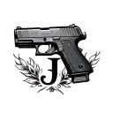 A tattoo design on a person’s skin (like on an arm or chest) that features a small letter "J" inside of a small glock  tattoo design idea