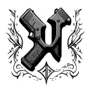 A tattoo design on a person’s skin (like on an arm or chest) that features a small letter "J" inside of a small glock  tattoo design idea