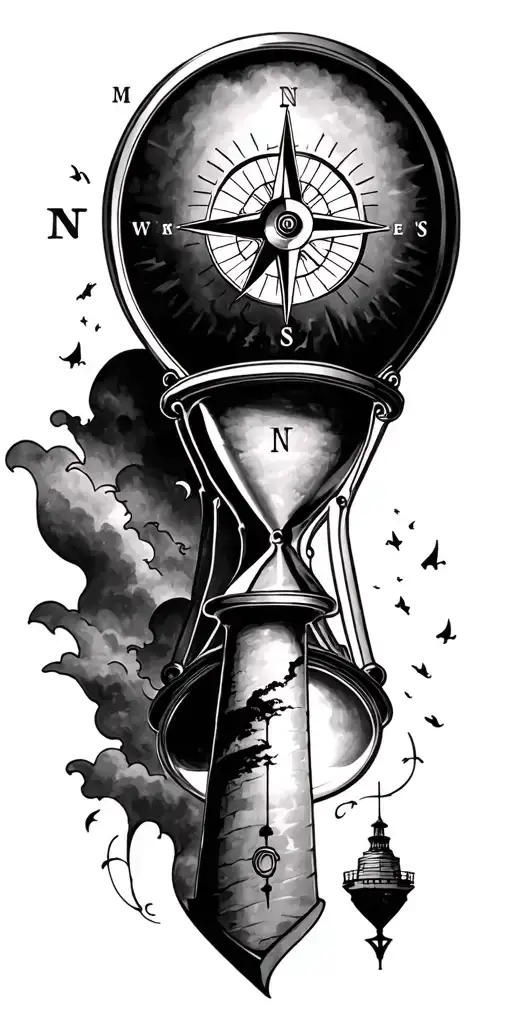 Hour Glass, Compass, Lighthouse tattoo design idea