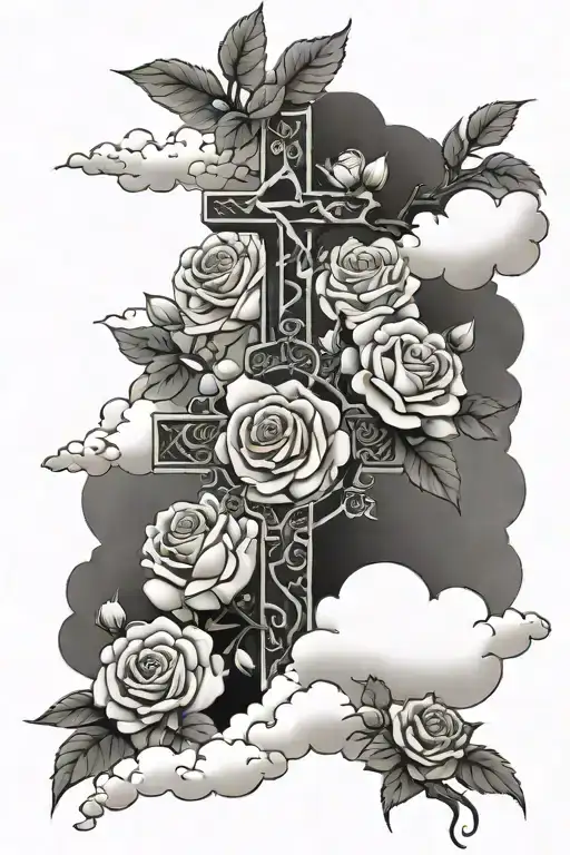 Japanese clouds, cross, roses, 2001 tattoo design idea