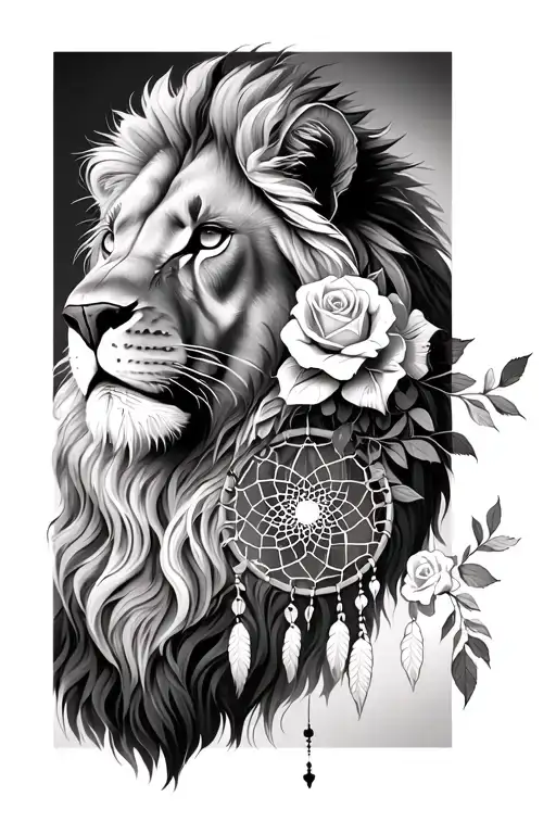 lion with dream catcher and white roses tattoo design idea