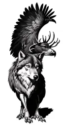 train deer eagle wolf standing tattoo design idea
