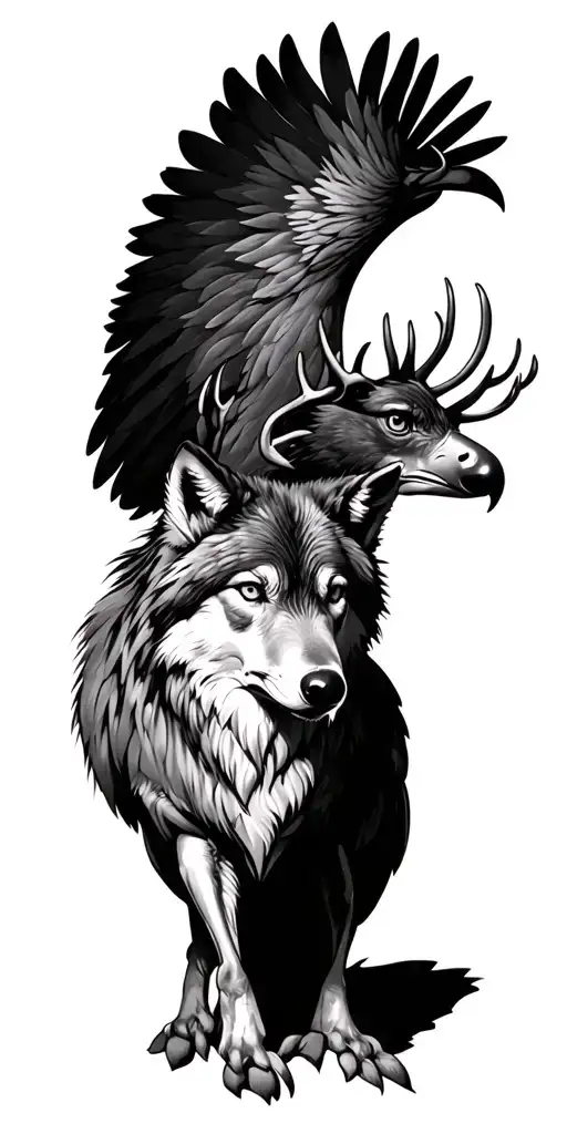 train deer eagle wolf standing tattoo design idea