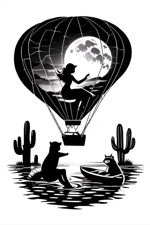 geometric shapes girl on swing from hot air balloon, Arizona sun with cactus, kayak on water, and raccoon under the moon tattoo design idea