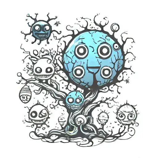4 soot sprites and a tree spirit tattoo design idea