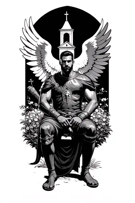 spartan warrior sitting in a garden in front of a church with dove wings tattoo design idea