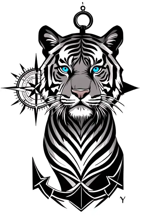 anchor and compass that says "i will find my way" and tiger with blue eyes surrounded tattoo design idea