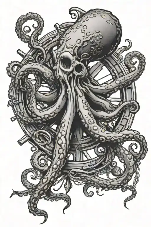 Kraken/Octopus hanging on a ship captains wheel  tattoo design idea