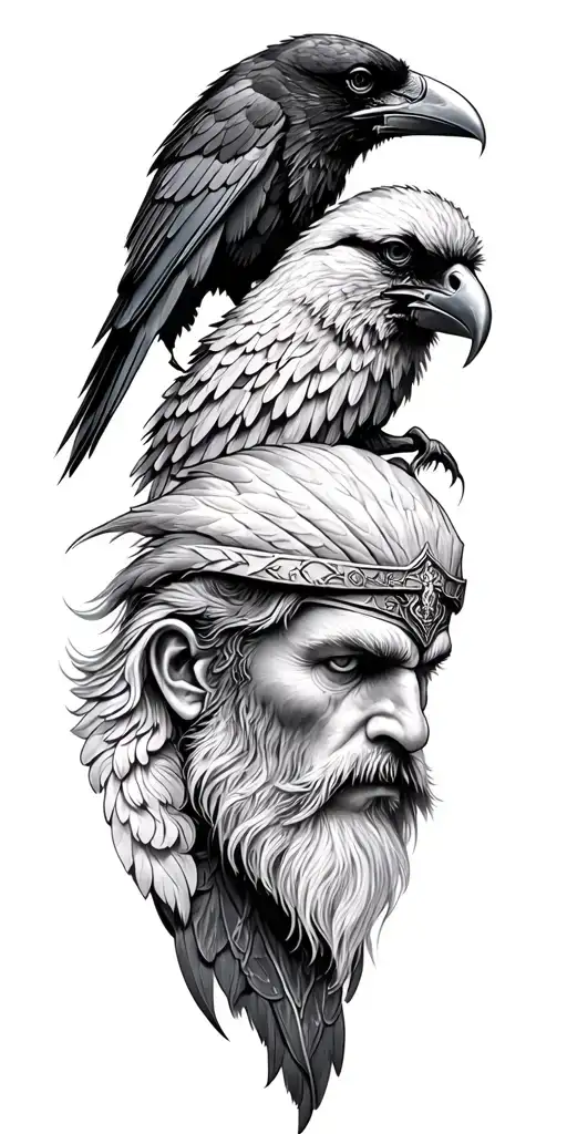the 2 ravens of ODIN with the portrait of Odin tattoo design idea